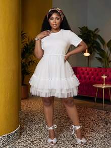 Veslaya Plus Size Women's All White Summer Sexy Casual Party Brunch Date Night Elegant Cute Frilly Poofy Puff Dress With Ruffle Hem Graduation - White - View 2