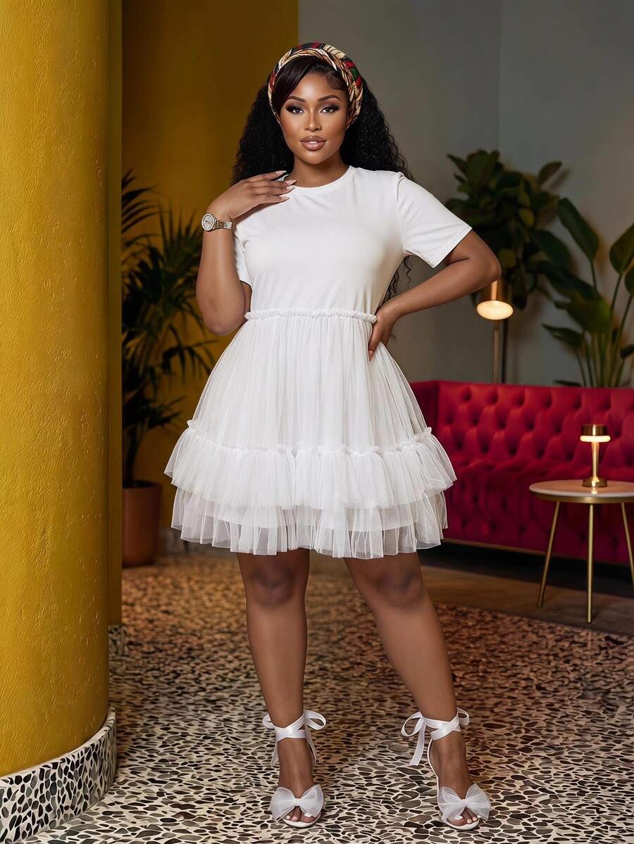 Veslaya Plus Size Women's All White Summer Sexy Casual Party Brunch Date Night Elegant Cute Frilly Poofy Puff Dress With Ruffle Hem Graduation