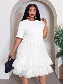 Veslaya Plus Size Women's All White Summer Sexy Casual Party Brunch Date Night Elegant Cute Frilly Poofy Puff Dress With Ruffle Hem Graduation - White - View 6