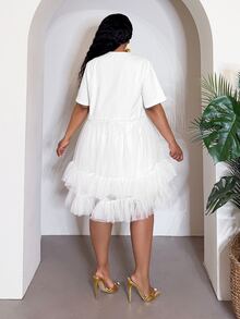 Veslaya Plus Size Women's All White Summer Sexy Casual Party Brunch Date Night Elegant Cute Frilly Poofy Puff Dress With Ruffle Hem Graduation - White - View 3