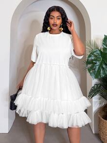 Veslaya Plus Size Women's All White Summer Sexy Casual Party Brunch Date Night Elegant Cute Frilly Poofy Puff Dress With Ruffle Hem Graduation - White - View 5