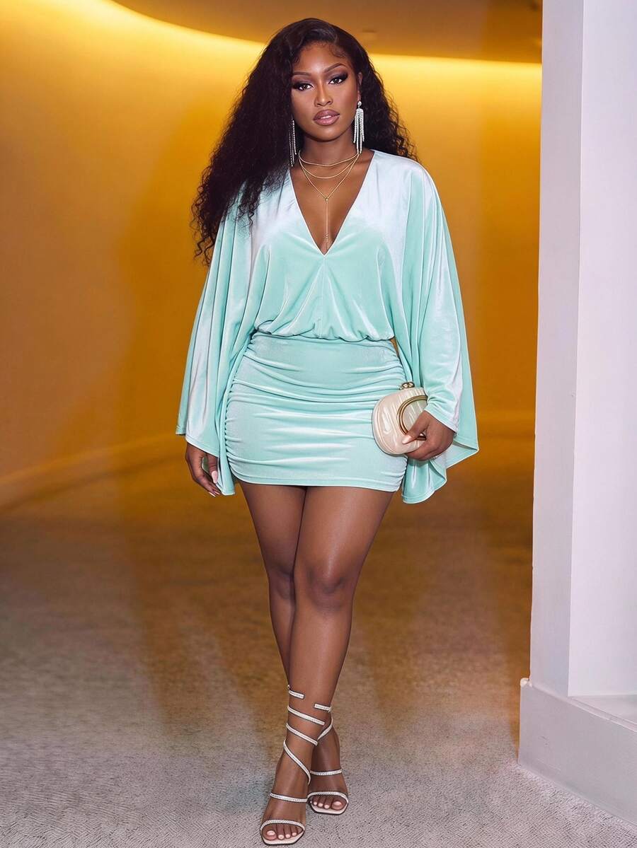 Veslaya Plus-Size Women's Sage Green Deep V Batwing Sleeve Bodycon Mini Dress,Autumn 70's Night Out Cocktail Rave Gym Club Party Elegant Sexy Boho Vacation - Mint Blue - View 1
