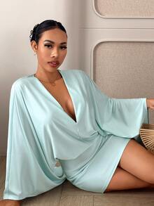 Veslaya Plus-Size Women's Sage Green Deep V Batwing Sleeve Bodycon Mini Dress,Autumn 70's Night Out Cocktail Rave Gym Club Party Elegant Sexy Boho Vacation - Mint Blue - View 3