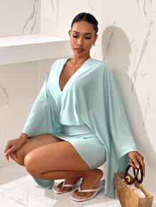 Veslaya Plus-Size Women's Sage Green Deep V Batwing Sleeve Bodycon Mini Dress,Autumn 70's Night Out Cocktail Rave Gym Club Party Elegant Sexy Boho Vacation - Mint Blue - View 5