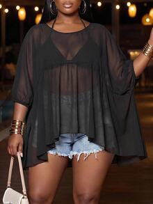 Veslaya Blus Chiffon Putih Lengan Mengembang Model Longgar untuk Musim Gugur - Hitam - View 6