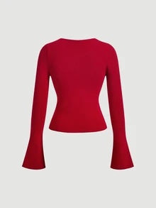 SHEIN MOD كارديجان محبوك ضيق للنساء بأكمام جرس وأزرار أمامية - الأحمر - مشاهدة 5