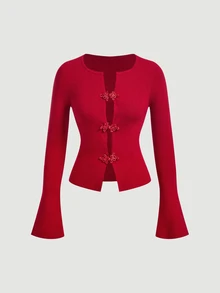 SHEIN MOD كارديجان محبوك ضيق للنساء بأكمام جرس وأزرار أمامية - الأحمر - مشاهدة 2