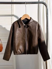SHEIN Tween女孩黑色拉鍊翻領羅紋袖口街頭風酷感百搭機車PU皮革寬鬆夾克，秋冬穿搭 - 棕色 - 查看 5