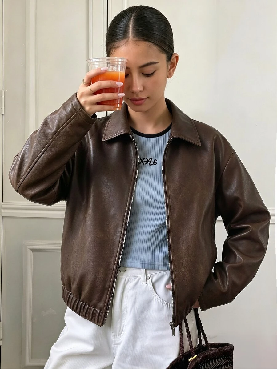 SHEIN Tween女孩黑色拉鍊翻領羅紋袖口街頭風酷感百搭機車PU皮革寬鬆夾克,秋冬穿搭 - 棕色 - 查看 1