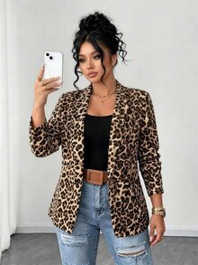 Elenzga Plus Size Women Leopard Print Lapel Blazer, Stylish Long Sleeve Open‑Front Casual Office Jacket, Versatile Commuter Outerwear For Fall Autumn - Multicolor - View 3