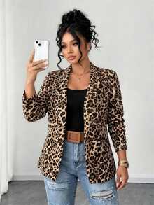 Elenzga Plus Size Women Leopard Print Lapel Blazer, Stylish Long Sleeve Open‑Front Casual Office Jacket, Versatile Commuter Outerwear For Fall Autumn - Multicolor - View 1