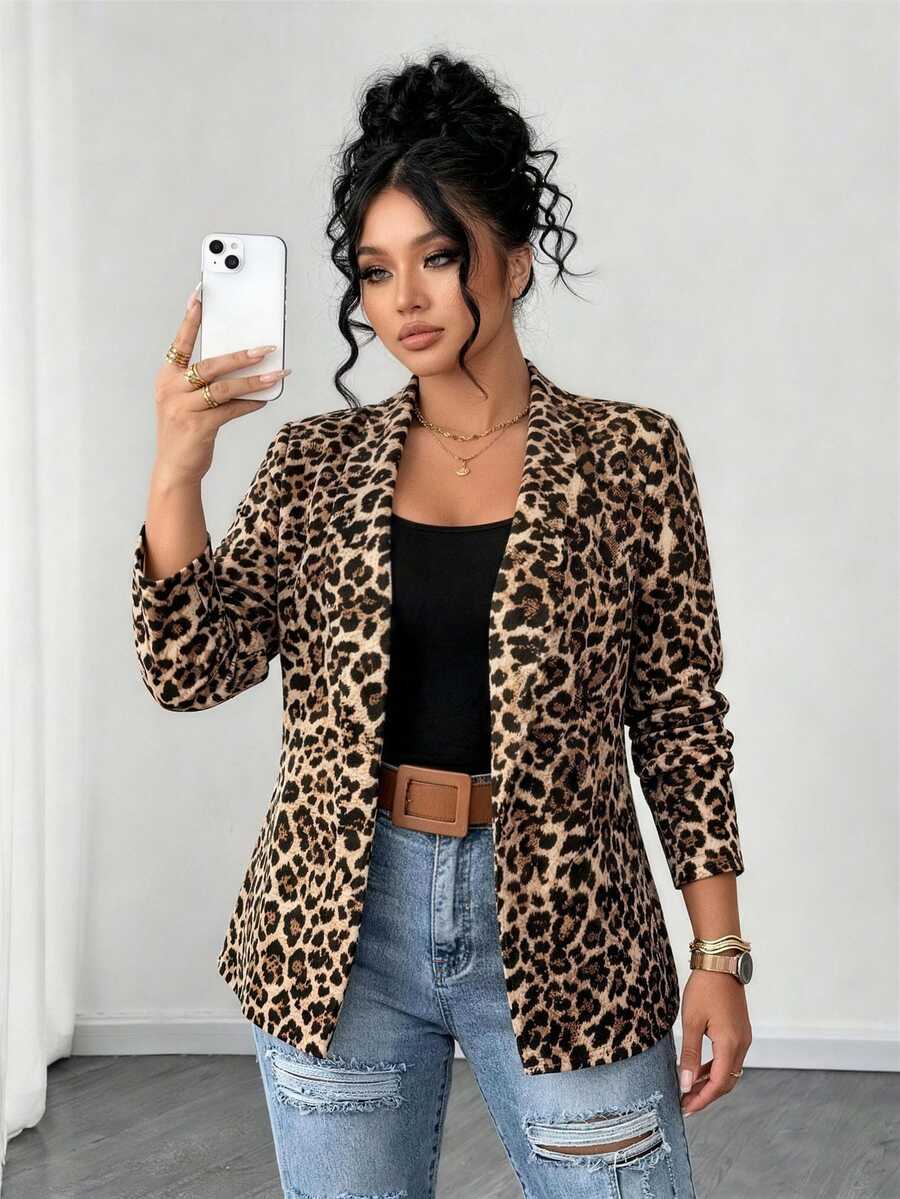 Elenzga Plus Size Women Leopard Print Lapel Blazer, Stylish Long Sleeve Open‑Front Casual Office Jacket, Versatile Commuter Outerwear For Fall Autumn - Multicolor - View 1