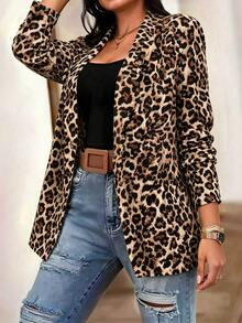 Elenzga Plus Size Women Leopard Print Lapel Blazer, Stylish Long Sleeve Open‑Front Casual Office Jacket, Versatile Commuter Outerwear For Fall Autumn - Multicolor - View 4