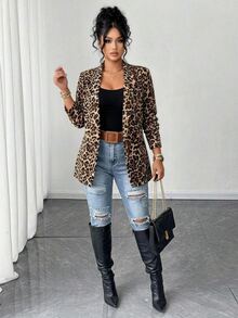 Elenzga Plus Size Women Leopard Print Lapel Blazer, Stylish Long Sleeve Open‑Front Casual Office Jacket, Versatile Commuter Outerwear For Fall Autumn - Multicolor - View 7