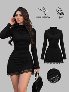 Sweetra Women's Elegant Fashion Versatile Commute & Comfortable Double-Brushed Milk Silk Spliced Lace Design Mini Dress - Black - View 1