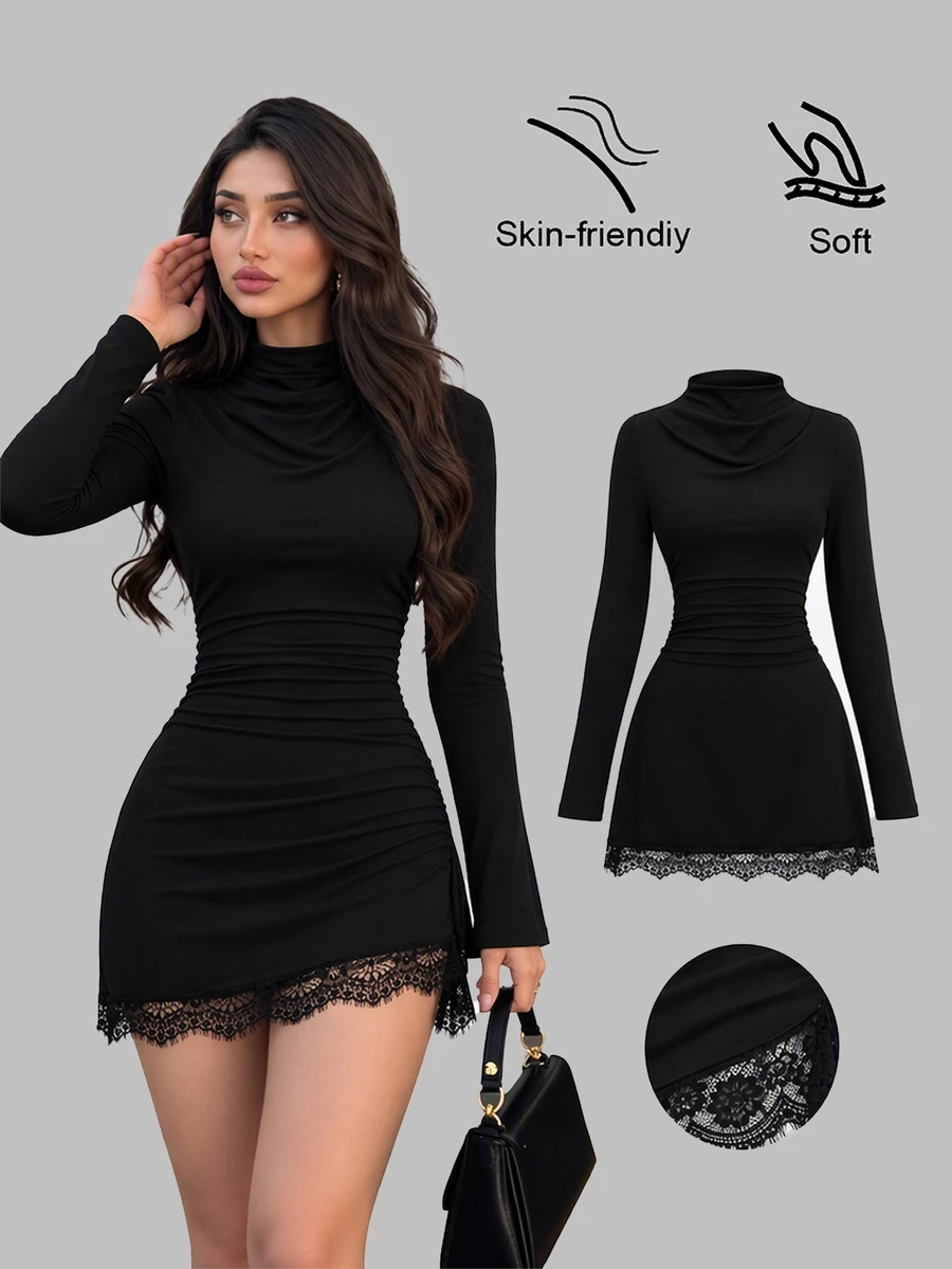 Sweetra Women's Elegant Fashion Versatile Commute & Comfortable Double-Brushed Milk Silk Spliced Lace Design Mini Dress - Black - View 1