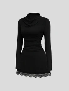 Sweetra Women's Elegant Fashion Versatile Commute & Comfortable Double-Brushed Milk Silk Spliced Lace Design Mini Dress - Black - View 4