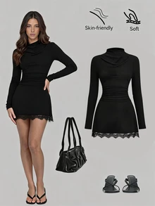 Sweetra Women's Elegant Fashion Versatile Commute & Comfortable Double-Brushed Milk Silk Spliced Lace Design Mini Dress - Black - View 3