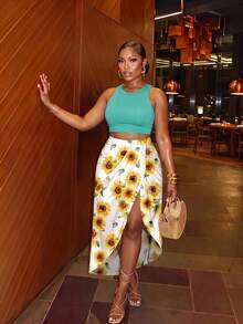 Veslaya Plus Size Women Solid Color Versatile Tank Top And Floral Print Asymmetrical Hem Ruched Slit Skirt 2 Pieces Set Beach Vacation Teal White Summer Boho - Mint Blue - View 1