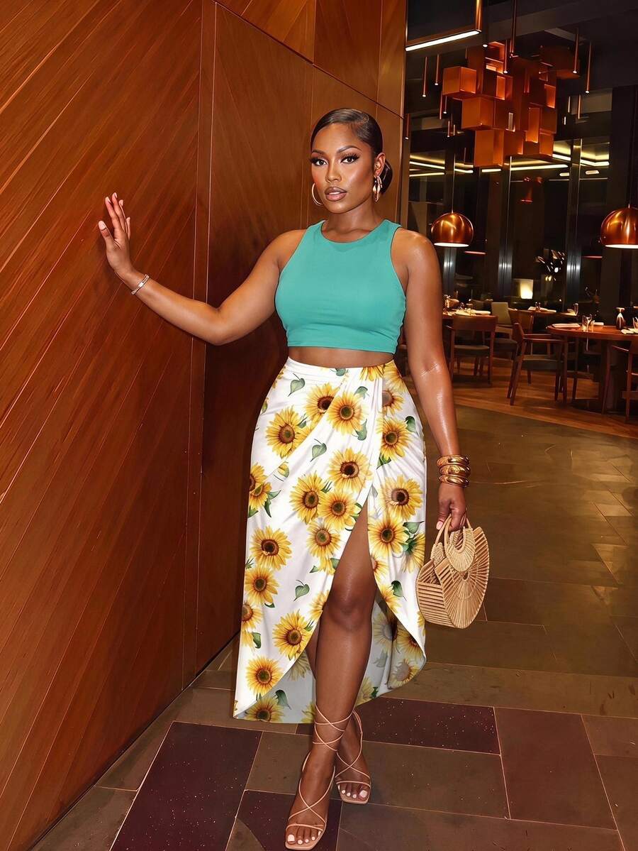Veslaya Plus Size Women Solid Color Versatile Tank Top And Floral Print Asymmetrical Hem Ruched Slit Skirt 2 Pieces Set Beach Vacation Teal White Summer Boho - Mint Blue - View 1