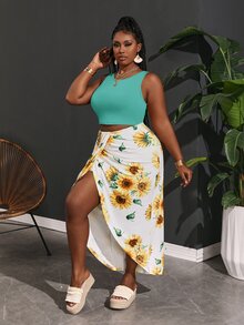 Veslaya Plus Size Women Solid Color Versatile Tank Top And Floral Print Asymmetrical Hem Ruched Slit Skirt 2 Pieces Set Beach Vacation Teal White Summer Boho - Mint Blue - View 3