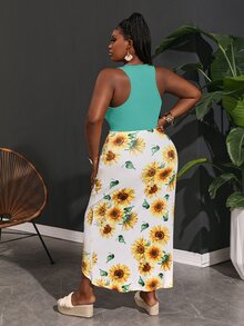 Veslaya Plus Size Women Solid Color Versatile Tank Top And Floral Print Asymmetrical Hem Ruched Slit Skirt 2 Pieces Set Beach Vacation Teal White Summer Boho - Mint Blue - View 2