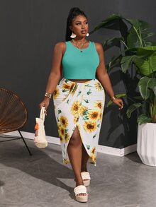 Veslaya Plus Size Women Solid Color Versatile Tank Top And Floral Print Asymmetrical Hem Ruched Slit Skirt 2 Pieces Set Beach Vacation Teal White Summer Boho - Mint Blue - View 4