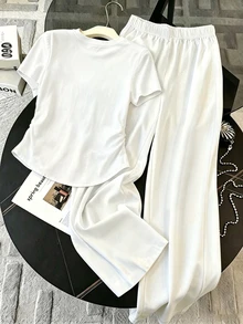 Resyla 女款圓領拼接色短袖上衣與鬆緊腰長褲休閒日常兩件套 - 彩色 - 查看 2