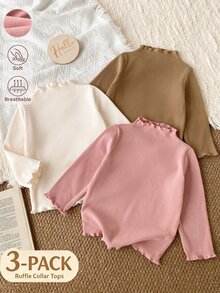 SHEIN Baby Girl Solid Color Ribbed Long Sleeve Base Layer Top, Girls Ruffle Semi-High Neck Soft Elastic Slim Fit Innerwear - Multicolor - View 5