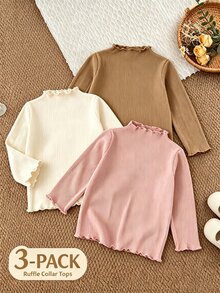 SHEIN Baby Girl Solid Color Ribbed Long Sleeve Base Layer Top, Girls Ruffle Semi-High Neck Soft Elastic Slim Fit Innerwear - Multicolor - View 4