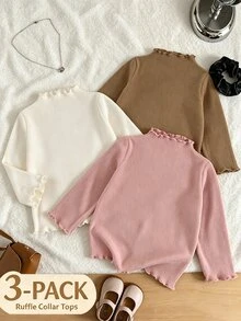SHEIN Baby Girl Solid Color Ribbed Long Sleeve Base Layer Top, Girls Ruffle Semi-High Neck Soft Elastic Slim Fit Innerwear - Multicolor - View 2