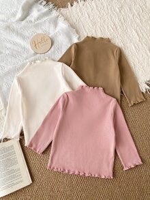 SHEIN Baby Girl Solid Color Ribbed Long Sleeve Base Layer Top, Girls Ruffle Semi-High Neck Soft Elastic Slim Fit Innerwear - Multicolor - View 3