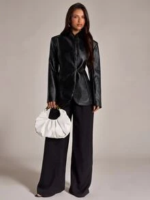 SHEIN BAE Women's Solid Color PU Leather Long Sleeve Fashion Blazer - Black - View 8