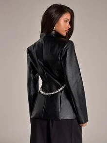 SHEIN BAE Women's Solid Color PU Leather Long Sleeve Fashion Blazer - Black - View 7