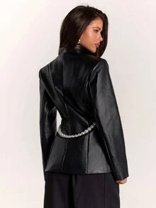 SHEIN BAE Women's Solid Color PU Leather Long Sleeve Fashion Blazer - Black - View 1