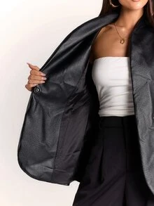SHEIN BAE Women's Solid Color PU Leather Long Sleeve Fashion Blazer - Black - View 9