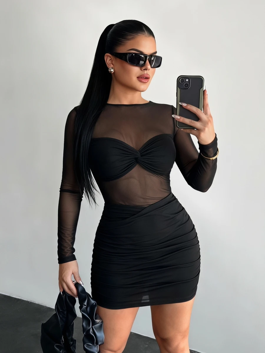 SHEIN SXY Women Sexy Mesh Sheer Round Neck Long Sleeve Ruffle Mini Dress,Summer Dresses For Women - Black - View 1