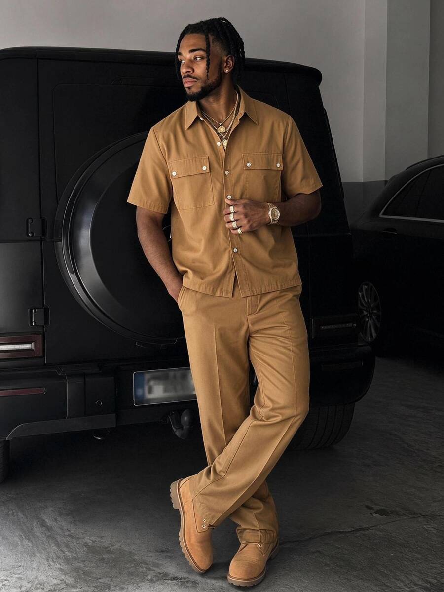 HIMLAND Men Flap Pocket Shirt Pants Shirt And Pants Set,Casual Shirt Set Halloween Summer Vacation Camel - Khaki - View 1