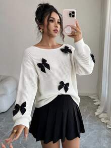 Elenzga Women's Loose Fit Off-Shoulder Knit Sweater With 3D Ribbon Bow And Lantern Sleeves, Pullover Top For Autumn/Winter Vacation - White - View 4