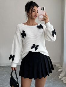 Elenzga Women's Loose Fit Off-Shoulder Knit Sweater With 3D Ribbon Bow And Lantern Sleeves, Pullover Top For Autumn/Winter Vacation - White - View 5