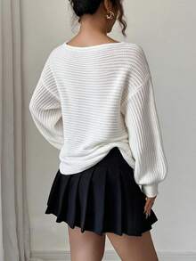 Elenzga Women's Loose Fit Off-Shoulder Knit Sweater With 3D Ribbon Bow And Lantern Sleeves, Pullover Top For Autumn/Winter Vacation - White - View 2