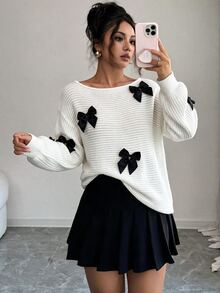 Elenzga Women's Loose Fit Off-Shoulder Knit Sweater With 3D Ribbon Bow And Lantern Sleeves, Pullover Top For Autumn/Winter Vacation - White - View 6
