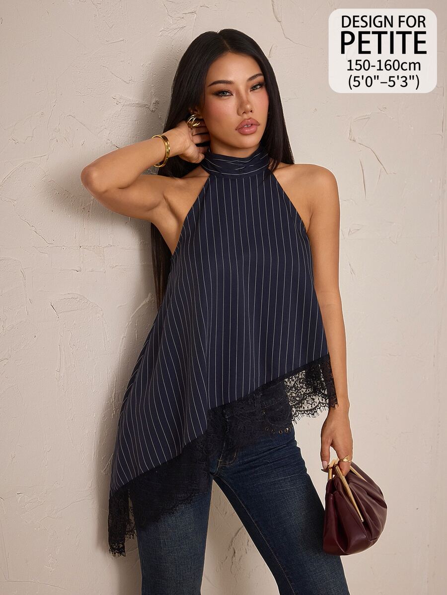 SHEIN PETITE Women's Striped Casual Versatile Daily Wear Halter Neck Top - Navy Blue - View 1