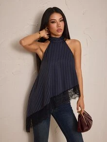 SHEIN PETITE 女款條紋休閒百搭日常穿搭掛脖上衣 - 藏蓝色 - 查看 8