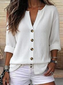SHEIN LUNE Women's Solid Color Notch V-Neck Drop Shoulder Single-Breasted Casual Shirt - White - View 1