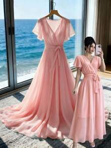 GlowEve New Arrival Spring/Summer Elegant Flowy Chiffon Dress For Women - Pink - View 1