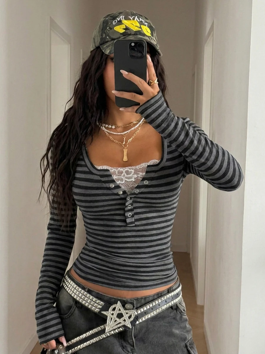 StreetHx Women's Autumn Lace Trim Mock Layered Long Sleeve Striped T-Shirt - Dark Grey - View 1