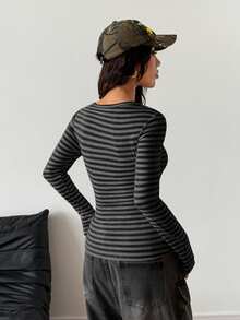 StreetHx Women's Autumn Lace Trim Mock Layered Long Sleeve Striped T-Shirt - Dark Grey - View 2