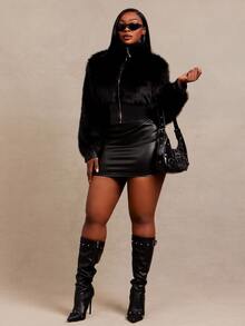 Radiana Plus Size Women's Solid Color Zipper Front Casual Faux Fur Jacket - Black - View 4