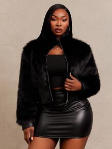 Radiana Plus Size Women's Solid Color Zipper Front Casual Faux Fur Jacket - Black - View 3